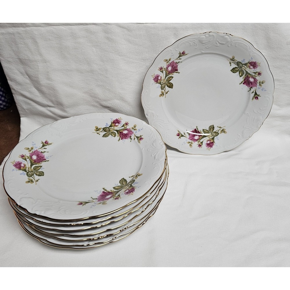 Vintage Wawel Poland Fine China Mose Rose Gold Trim Serving 8 Dinner Plates 10.5